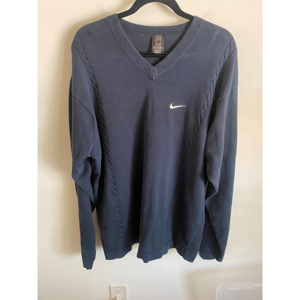 Nike Golf Mens XXL V-Neck Sweater‎ Navy Blue Cable Knit Embroidered Swoosh Logo